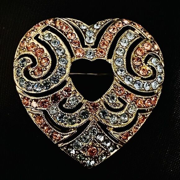 Vintage Pink Blue Rhinestone Heart Brooch Art Deco Style Silver Beautiful 4192 - Picture 4 of 8